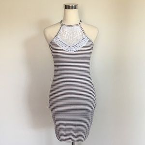 Striped Crochet Halter Neck Bodycon Mini Dress